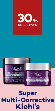 Linha Super Multi Corrective da marca Kiehls com destaque promocional de 30% sobre preço de Venda ao Público Recomendado